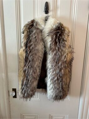 Fabulous Furs Plush Faux Fur Fox Vest in Brown and Cream